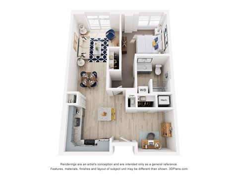 A 3D floor plan of a one bedroom  apartment with a kitchen, living room, den and bathroom.